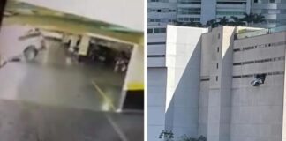 Carro bate em parede de estacionamento e fica ‘pendurado’ em prédio de luxo; veja vídeo