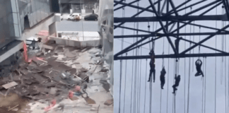 Vídeo: Estrutura de prédio desaba e funcionários ficam presos por cinto de segurança