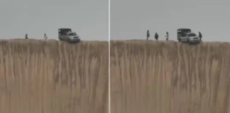 Carro fica ‘pendurado’ em duna de 30 metros e turistas descem para tirarem fotos; VEJA VÍDEO