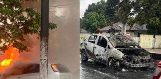 Carro pega fogo em avenida do São Jorge, em Manaus